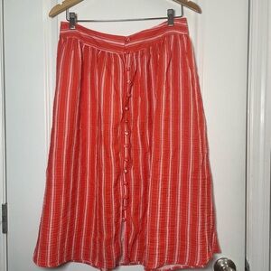 Single Thread Orange Striped Button Front Midi Skirt L Boho Summer Lightweight